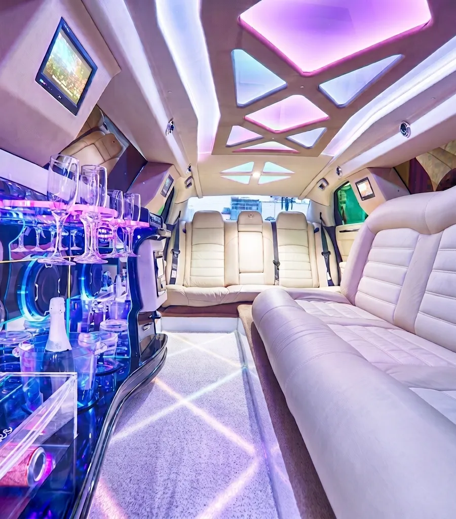Interior da limousine Chrysler 300C branca, com bar, taças, bancos em couro claro e iluminação de festa em LED